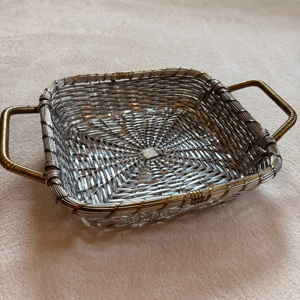 Woven Metal Square Serving Basket with Handles - Silver and Brass NWT